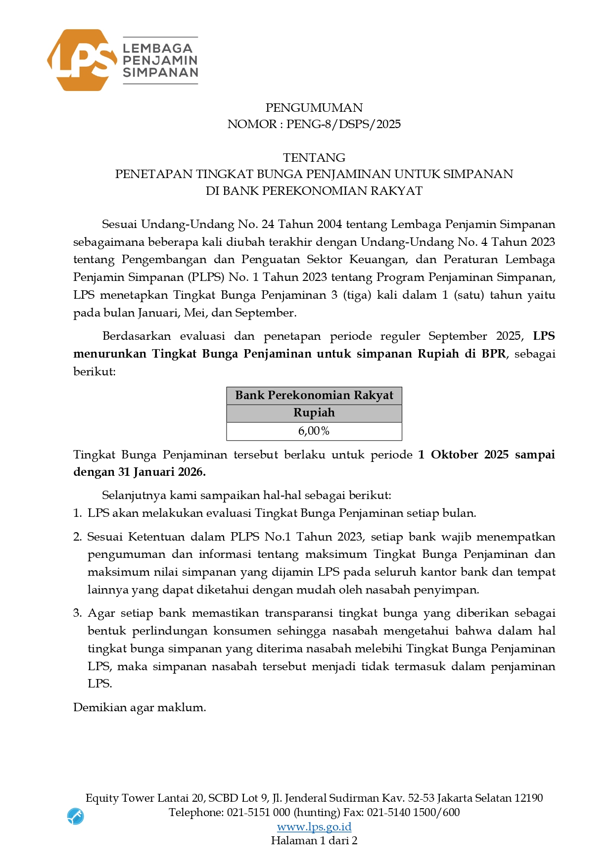 Tingkat Bunga Penjaminan LPS untuk Simpanan di BPR, 01 Oktober 2025 - 31 Januari 2026